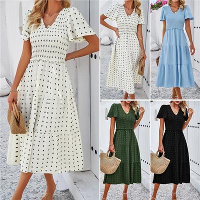 Ladies Summer Long Skirt Temperament Casual Polka Dot V-neck Short-sleeved Dress