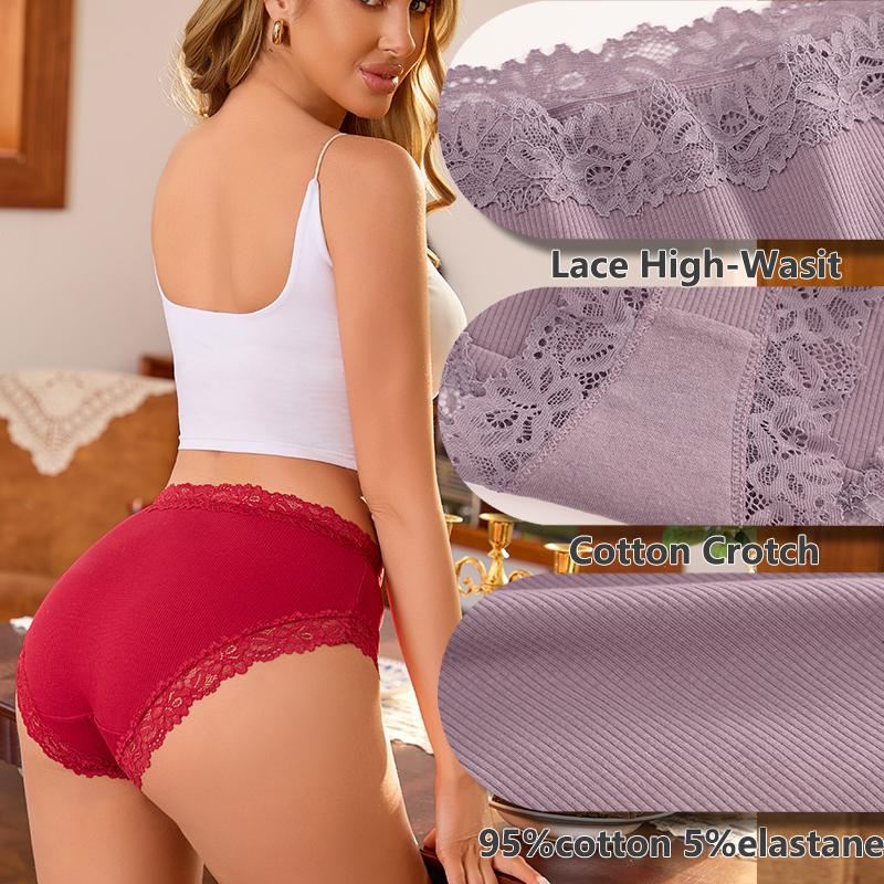 FINETOO 4PCS Sexy Lace Cotton Panties for Women Flroal Lace Seamless Briefs High Rise Lingerie Female Breathable Soft Underwear