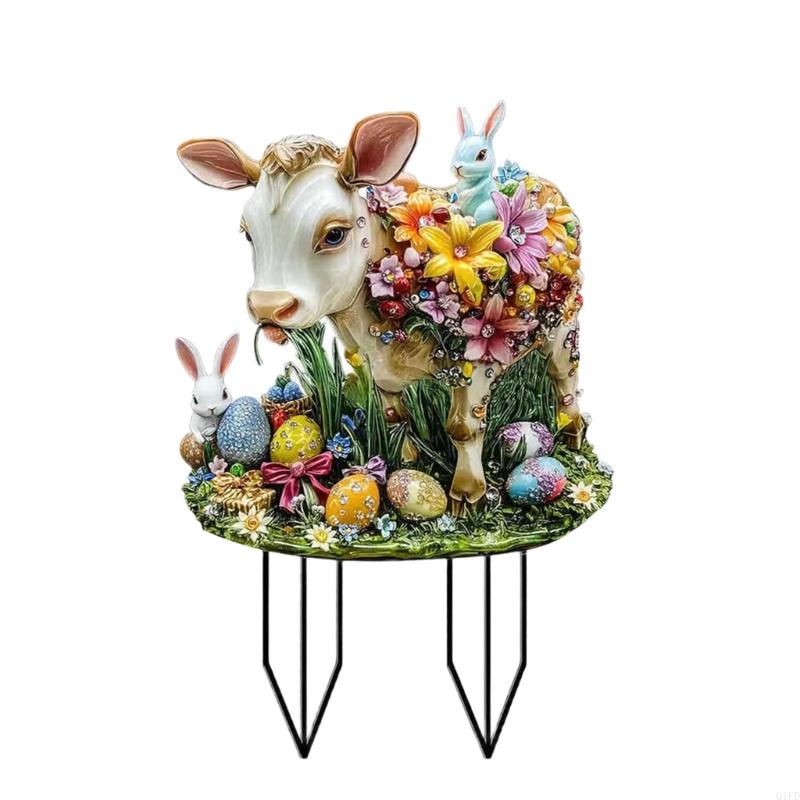 Q1FD Rabbit Yard Stake Easter Rabbit With Eggs Garden Stake Sign Art Animals Garden Stakes Decorative Outdoor Rabbit Sign