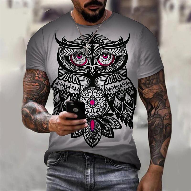 3D Printed Cool Owl T-Shirt For Men Funny Animal Pattern Tees Summer Oversized Round Neck Tops Short Sleeve T Shirts Streetwear