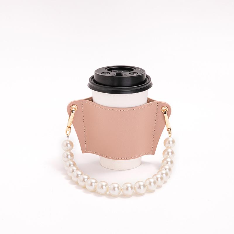 Husă portabilă din piele PU rezistentă la căldură pentru ceașcă de ceai și cafea cu lanț de perle detașabil