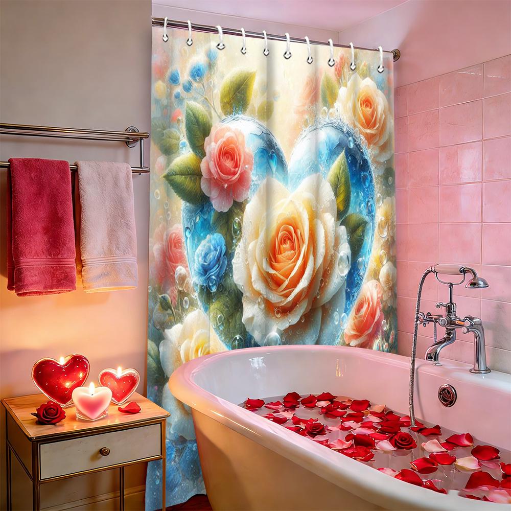 Valentine's Day Love Heart Rose shower curtain, bathroom shower waterproof curtain with 12 hooks, fish shaped home decoration