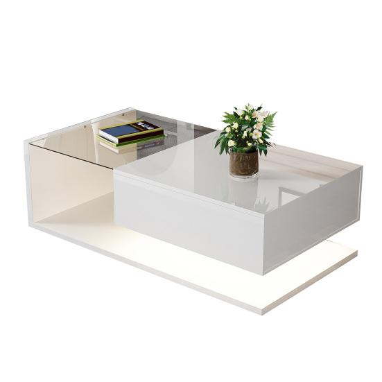 Couchtisch Hochglanz Glas Mitteltisch mit Schublade Öffnungsregal Einfache Montage Rechteckform LED Teetisch Zuhause