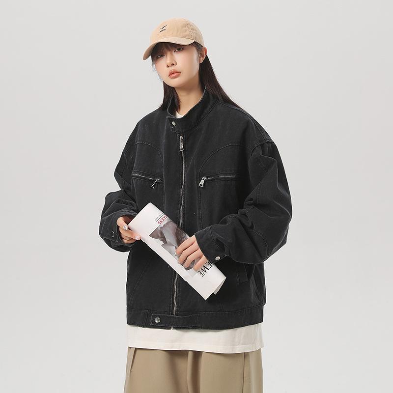 Men s Gray Washable Denim Jacket - Retro Trend with Stand-up Collar and Zipper, American Design M