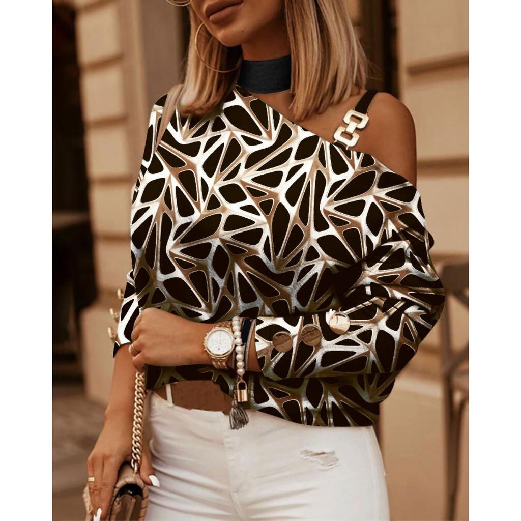 Lange Ärmel, Ketten, Halsketten, Drucke, Knopfverzierungen, Oberteile, Damenbekleidung