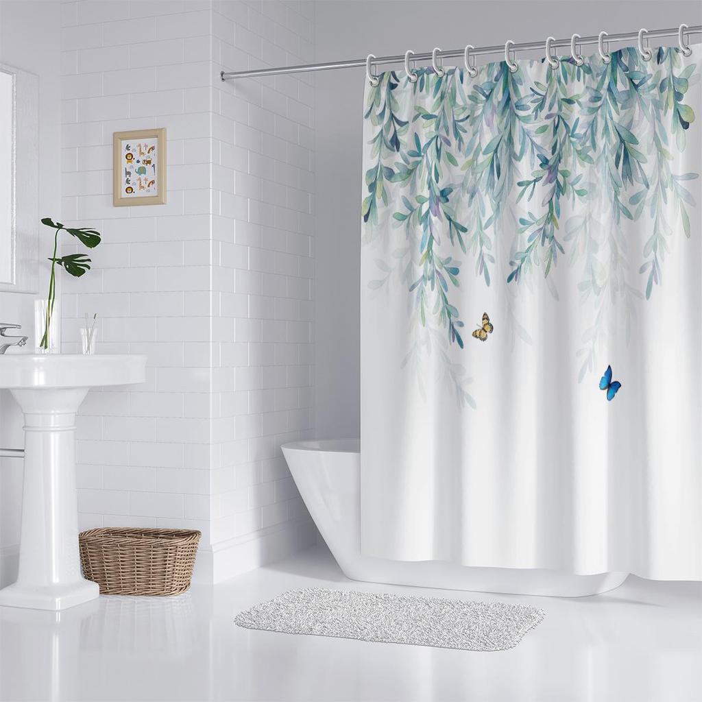 Green Leaf Vine Waterproof Mildew-resistant Shower Curtain, Punch-free Blackout Curtain - Polyester.