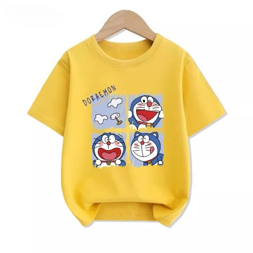 Potdemiel Summer New Doraemon Print Children's Pure Cotton T-Shirt, Boys and Girls Comfortable and Breathable Children's T-Shirt