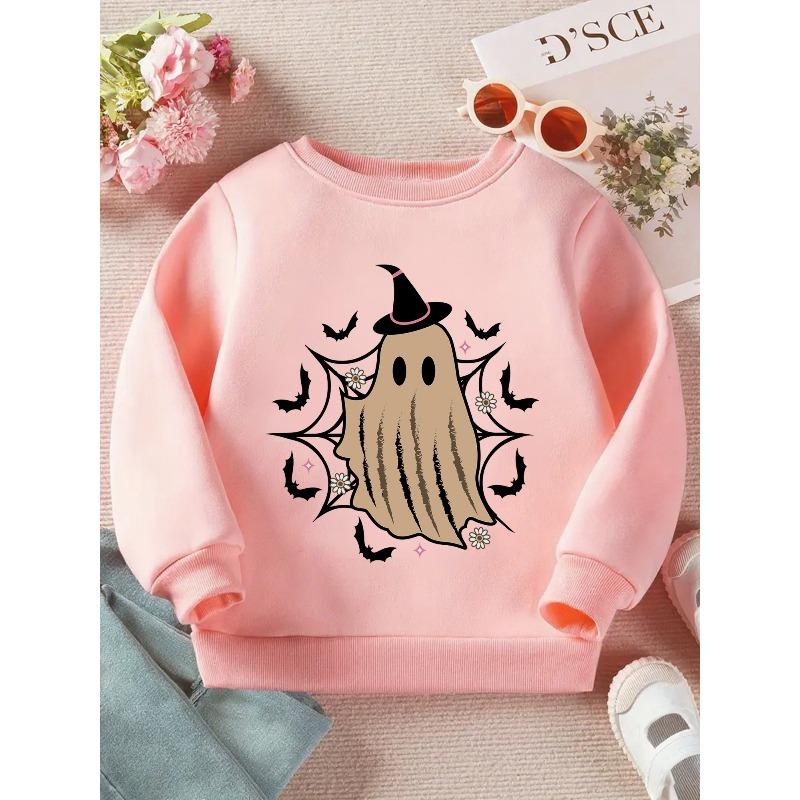 Kids Crewneck Sweatshirt, Cute Witch Hat Spooky Graphic Print, Soft Loose Fit Long Sleeve Pullover