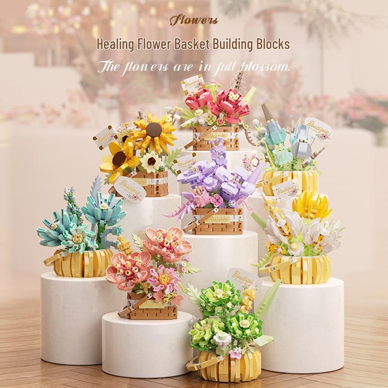 Flower Basket Series Micro-Particle Building Blocks: Sunflower & Succulent Potted Plants – Lego Compatible Toys