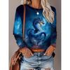 Womens Loose Fit Long Sleeve Round Neck T-Shirt With 3D Dinosaur Christmas Tree Print Milk Silk Fabric