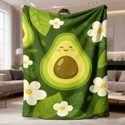 2026 New Flannel Blanket 1pc Soft Flannel Blanket Featuring Adorable Cartoon Avocado & Floral Design, Lightweight And Portable for All Seasons, Perfec