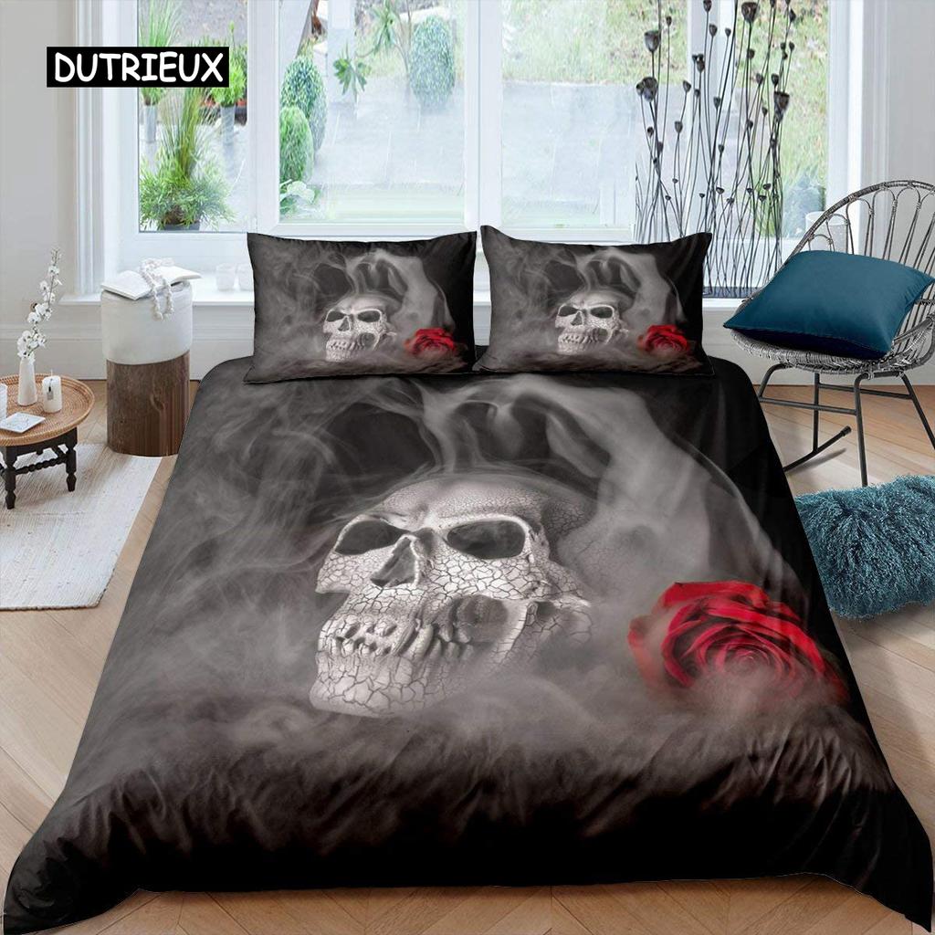 Sugar Skull Bedding Comforter Cover Set Gothic Duvet Cover Twin/Full/Queen/King Set 3 Pieces Soft Microfiber Duvet Cover