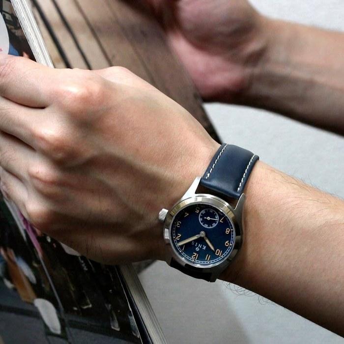 KNIS Retro Military Watch Men's Sapphire Glass 10 ATM Water Resistant Blue Dial Navy Leather KN003-BLNVLE