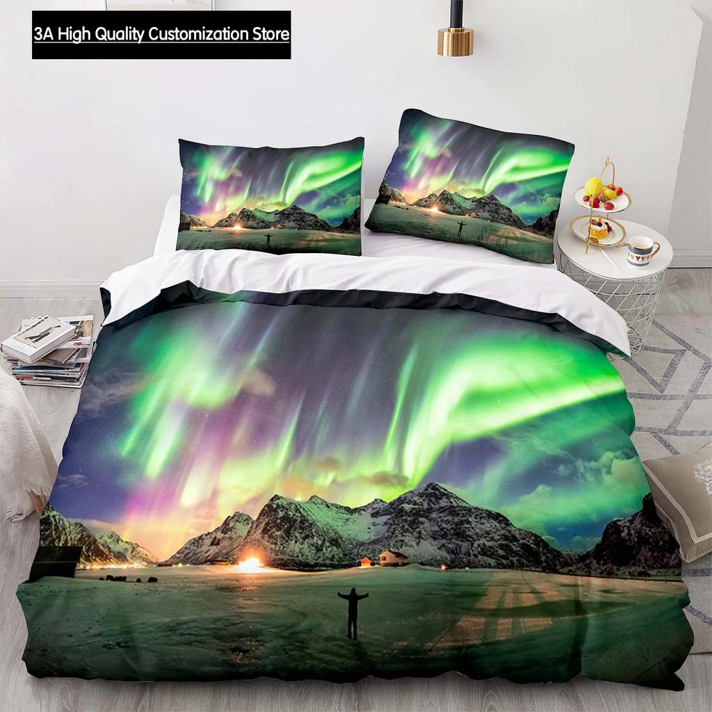 Landscape Duvet Cover Mountain Flowing Water Bedding Set Aurora Special Bedclothes with Pillowcases Teens Adults Women 200x200