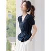 French Retro Puff Sleeve Tie-Waist Short Sleeve Shirt