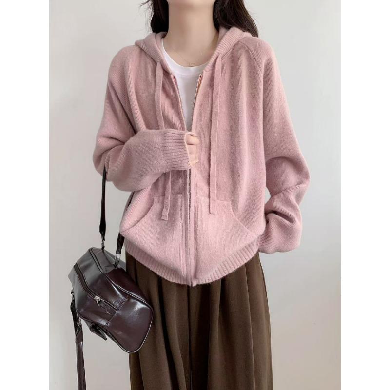 Lazy Wind Hooded Sweater Jacket Women's Autumn and Winter New Loose Casual Zipper Knitted Cardigan Jacket