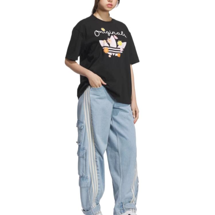 Adidas Originals Comfortable Soft Casual Versatile Short Sleeve Breathable Drop Shoulder T-Shirt Women Tops Black KB8959