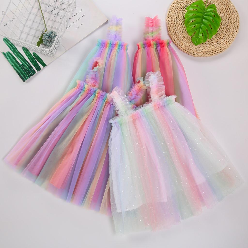 New Girls' Summer Rainbow Mesh Princess Dress & Tutu Skirt