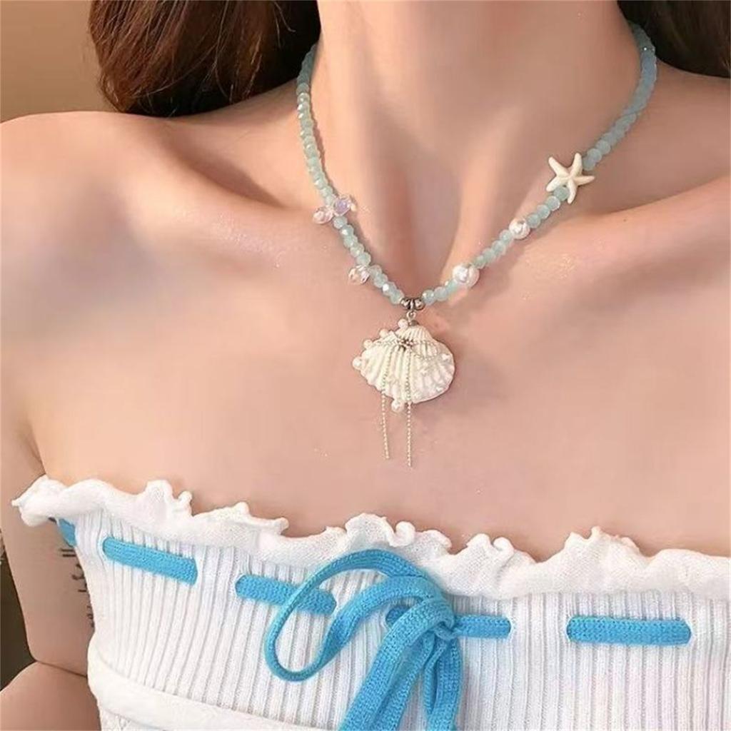 Unique Starfish Rope Braided Necklaces for Women Shell Imitation Pearl Bow Tassel Necklaces Delicate Summer Sweet Jewelry Gift