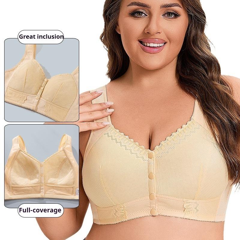 Soft Cotton Thin Cup Front Buckle Middle-aged and Elderly Women's Lace No-rim Vest Style Oversized Bra