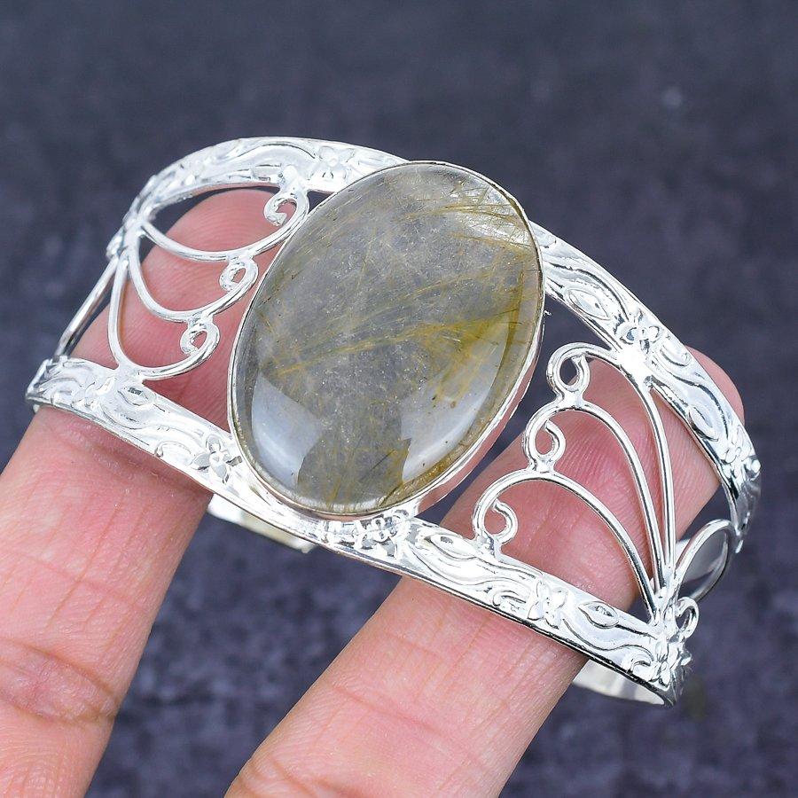 Natürlicher Goldener Rutil Edelstein 925 Sterlingsilber Armreif Verstellbar Y4k30