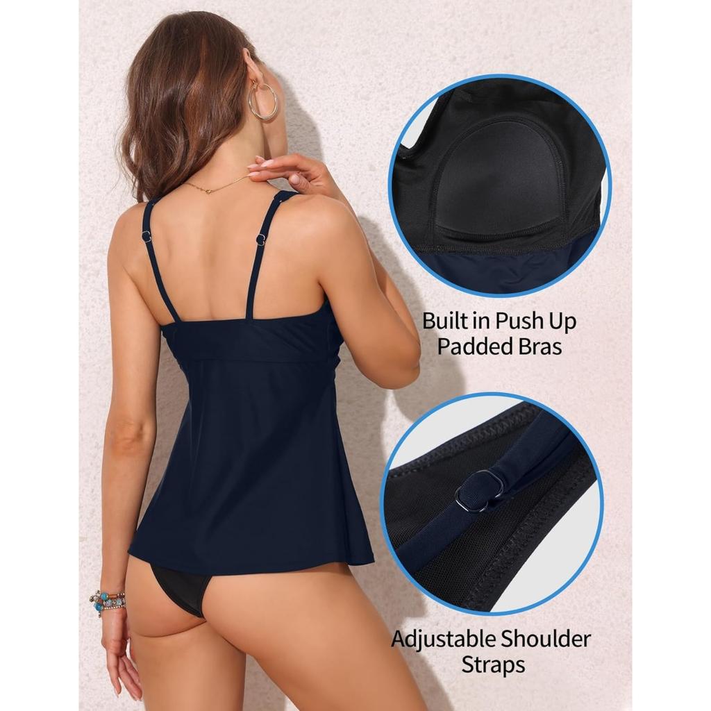 CHARMLEAKS Haut de maillot de bain tankini torsadé à col en V pour femme - Haut de maillot de bain rembourré fluide - Débardeur de bain uniquement