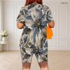 Women Plus Size White Floral Printed Round Neck Short Sleeve Top Fitted Shorts Two Piece Set