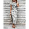 Temperament eleganter Taillenriemen gestreifter Rundhalsausschnitt Kurzarm langes Kleid Sommer Damen High-End Damenbekleidung Rock