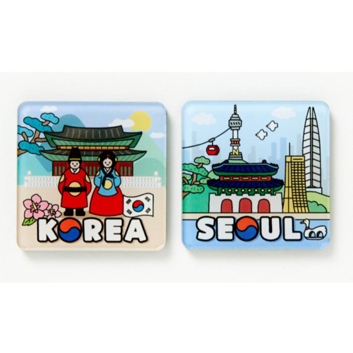 Artbox “Korea Seoul 2” Ímã de Acrílico Conjunto de 2 Peças & “Noiva e Noivo 2” Ímã de Acrílico Conjunto de 2 Peças.