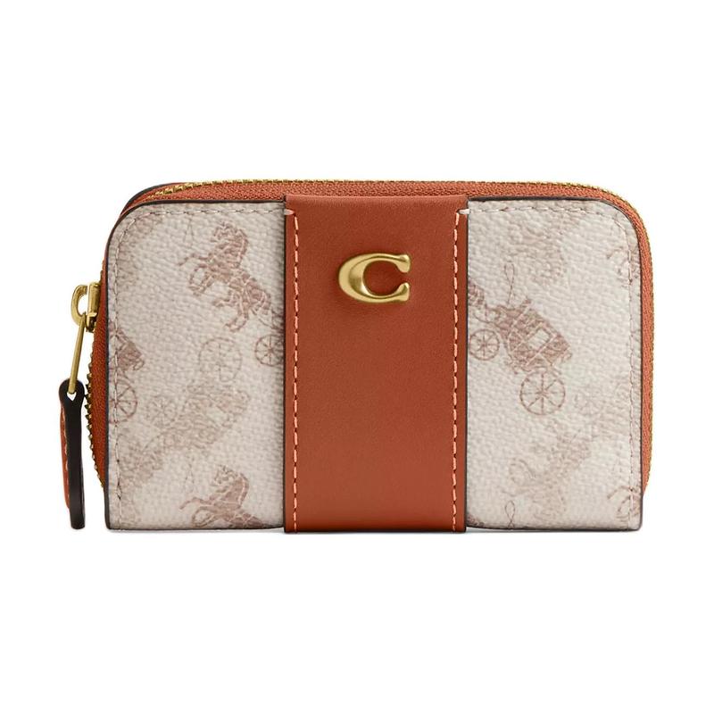 COACH Essential 11 carriage print hardware coated canvas and calfskin card holder regular women s brass and taupe Brass and taupe золотой