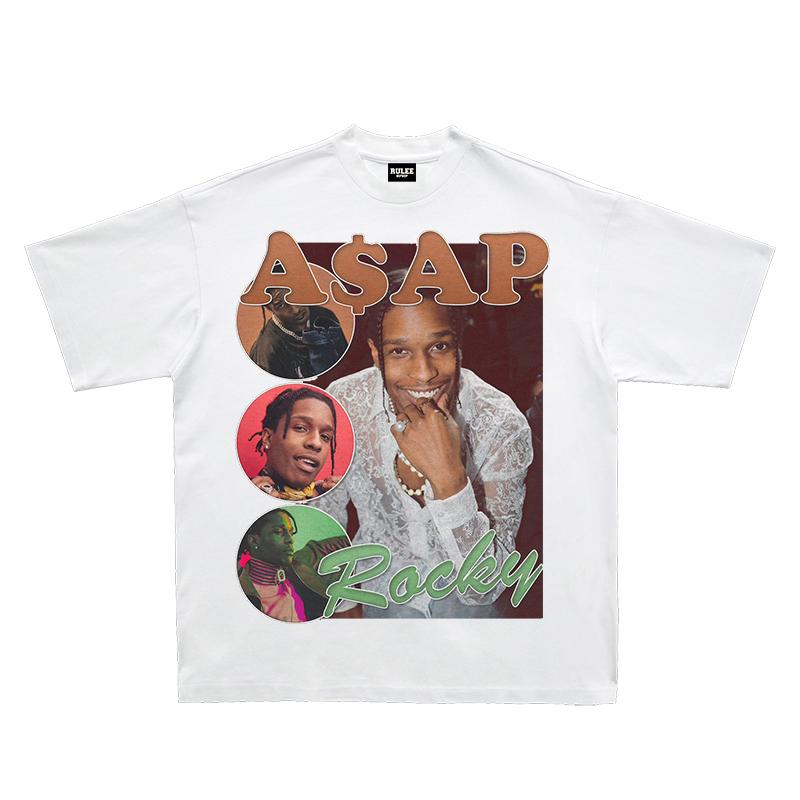 ASAP Rocky Rap Rocky Hip Hop T-shirt American Rap Short Sleeve Straight Print Loose Small Neckline Tee High Quality