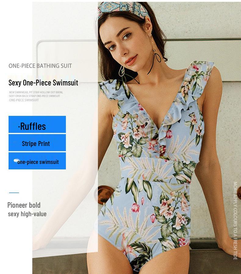 Ruffled Striped V-Neck Backless One-Piece Swimsuit - European and American Style