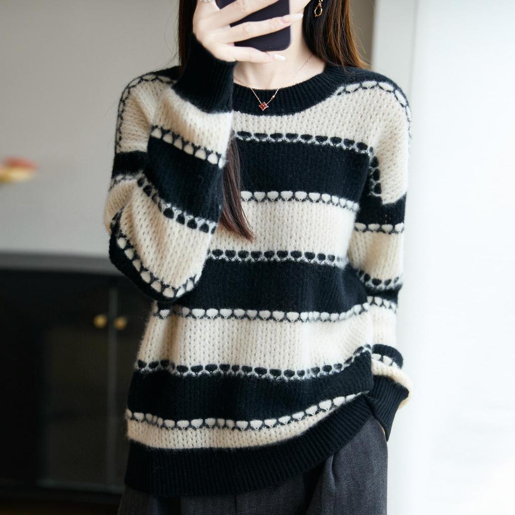 Women's Striped 100% Wool Sweater: Round Neck, Color Block, Loose Fit Knitwear, Plus Size, European Style.