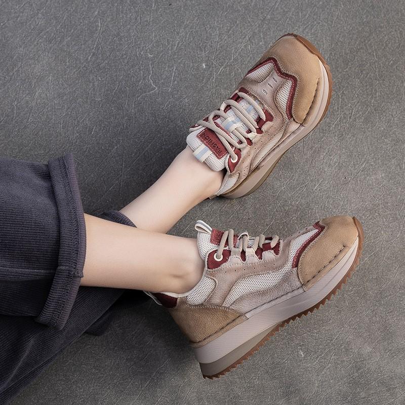 Johnature British Style Genuine Leather Retro Mixed Colors Women's Sports Shoes Mesh Breathable Casual Flat Shoes