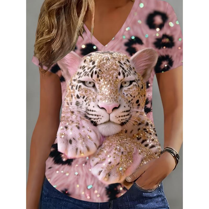 T-shirt estiva casual da donna con scollo a V e maniche corte, con alla moda stampa 3D, adatta per uscite o per stare a casa