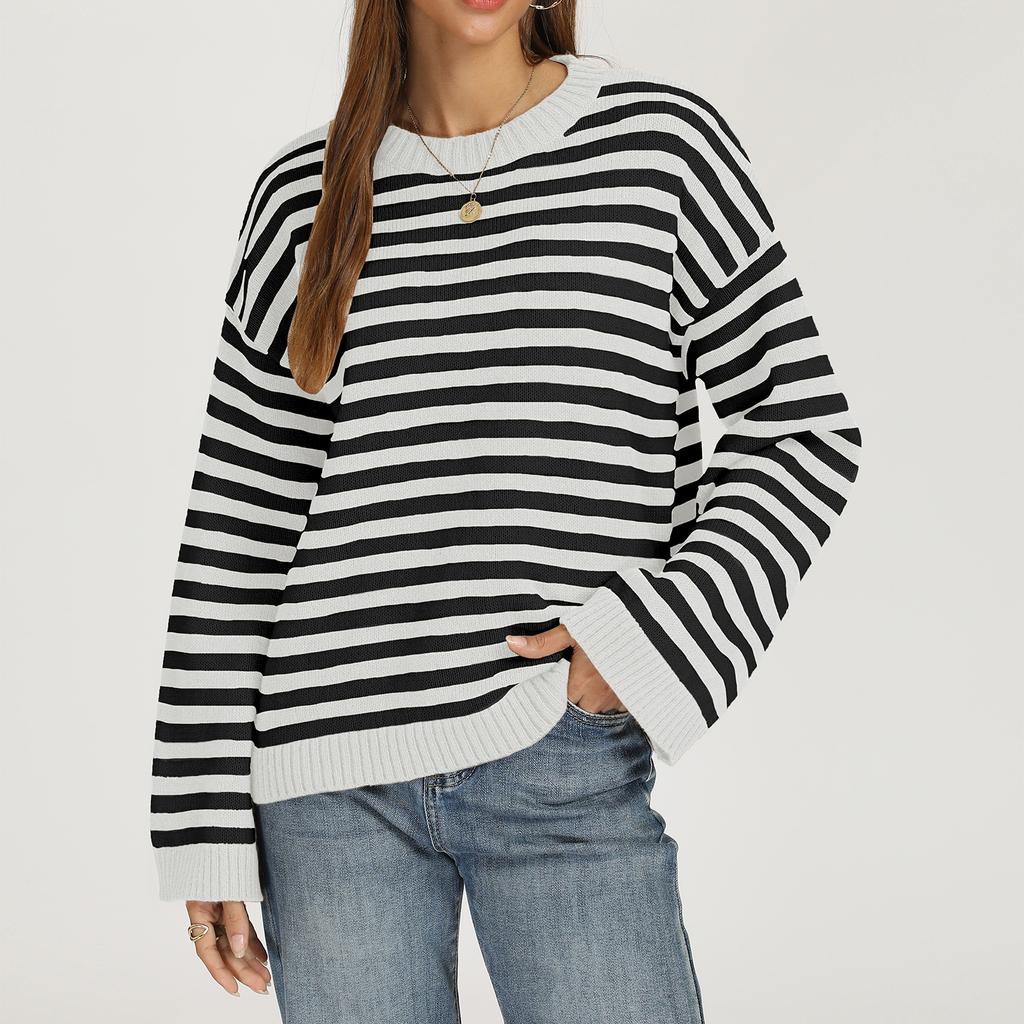 Women's Casual Striped Round Neck Long Sleeve Pullover Sweater for Everyday Wear