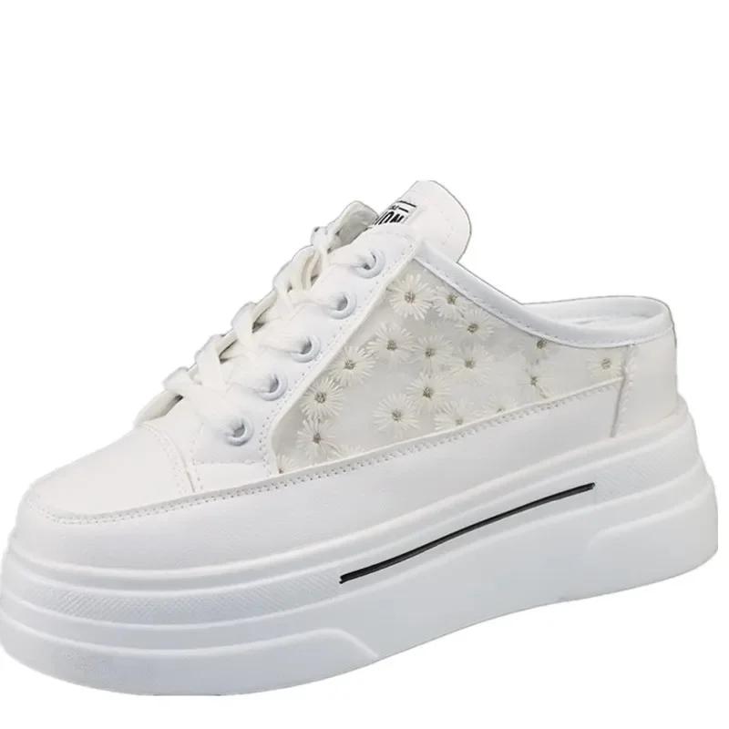 Fashion Baotou Semi-slippers Women's Summer New Outer Wear Embroidery Mesh Breathable Slip-on  Increase 8cm Sandals Sneakers