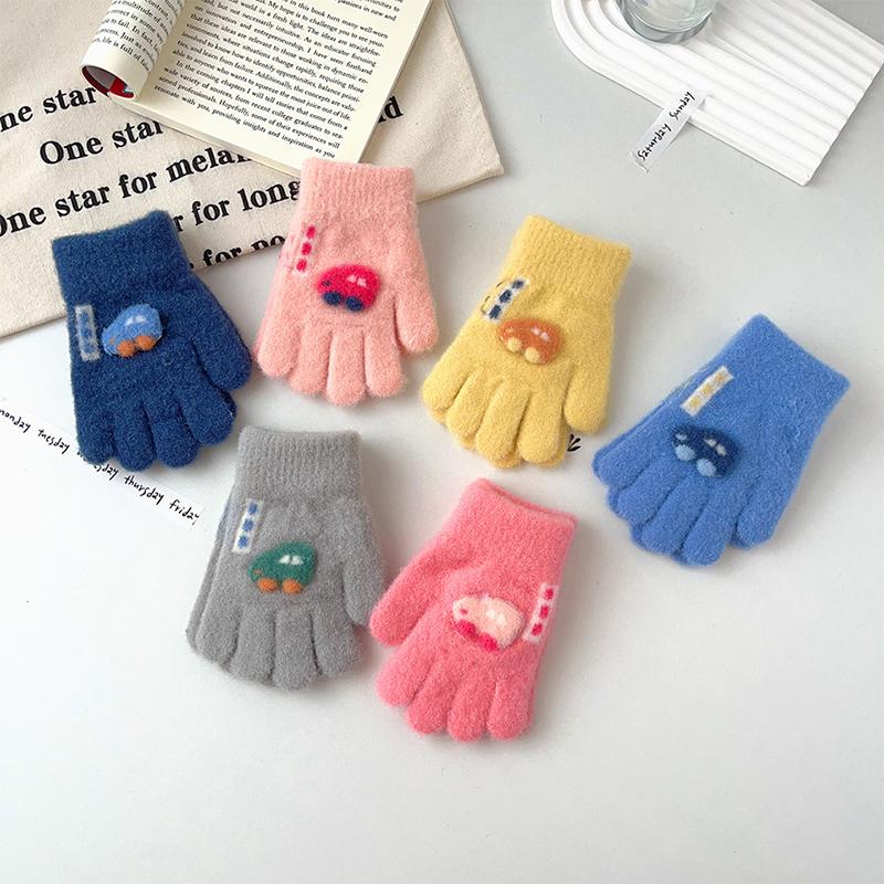 Cartoon Car Baby Gloves Winter Thick Knit Warm Boy Girl Full Finger Mittens Outdoor Windproof Toddler Kids Five Finger Gloves