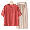 Women's Summer Set Embroidered Middle-aged Mother Short Sleeved T-shirt+pants Two-piece Set