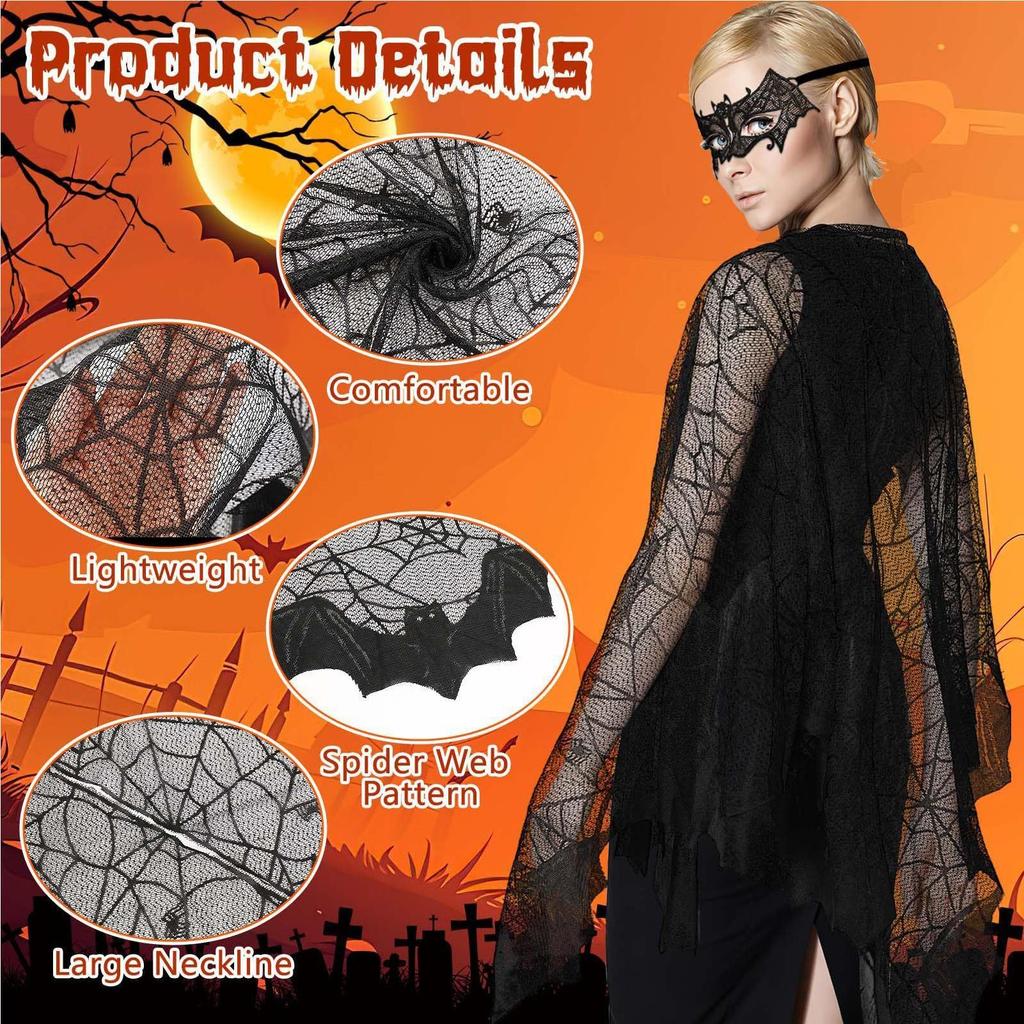 Spider Web Witch Cape 3 Pieces Halloween Witch Costume Cosplay Apparel for Goth Party Photo Ghost Bridal Autumn Vampire Stage