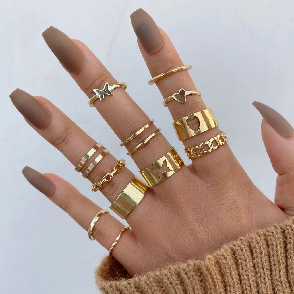 10-Piece Star and Moon, Heart, and Leaf Knuckle Ring Set - Creative Retro Women's Rings