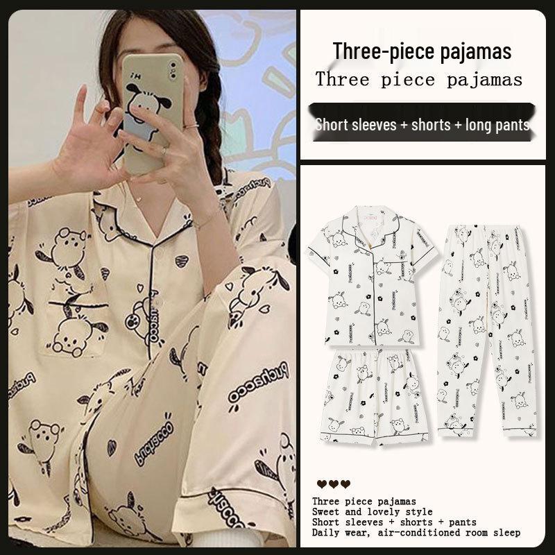 Summer Fashion Pajamas: Women's Short Sleeve Three-Piece Set with Cartoon Pacha Dog Design, Suitable for Home or Outdoors