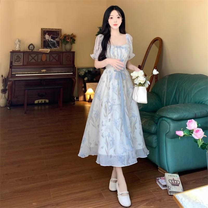 Womens Blue Floral Print A-Line Midi Dress With Square Neck Waist Tie Lightweight Chiffon Casual Wear