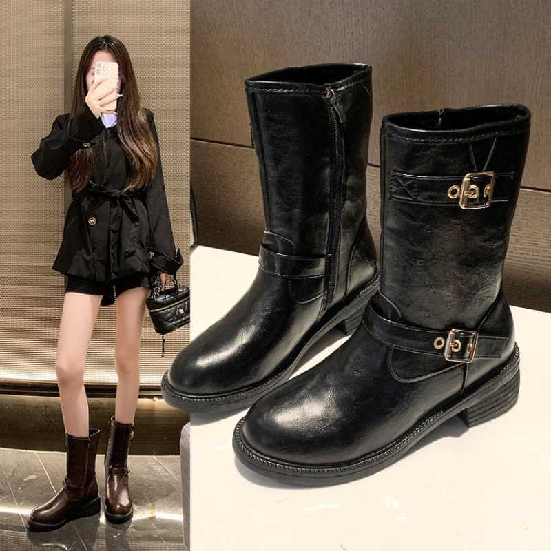 Botas Retro Versatile Woman Shoes 2026 Autumn New Women's Low Heeled Mid Top Leather Boots Comfort Non Slip Women's Denim Boots