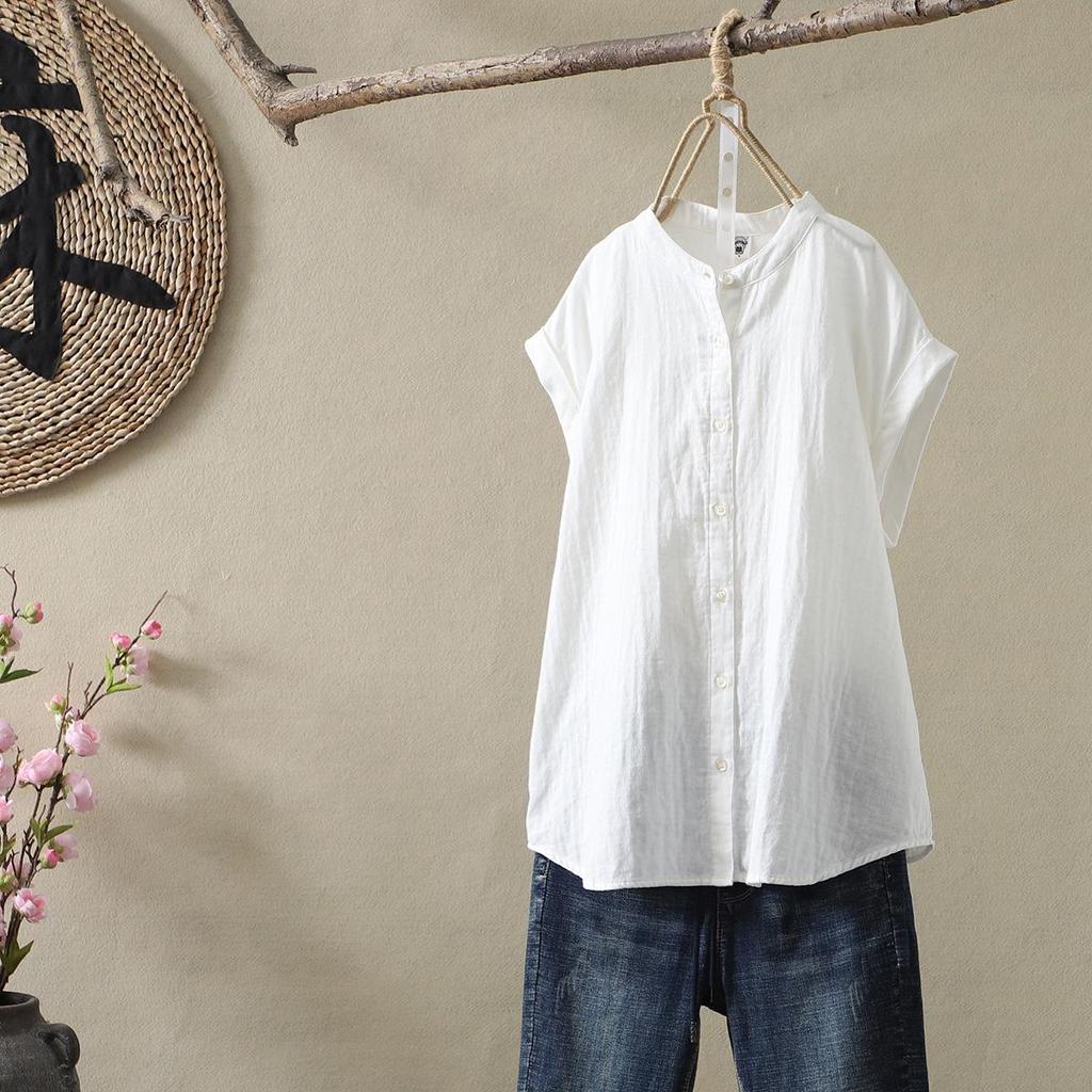 Japanese Minimalist Plaid Women's Sleeveless Stand Collar Shirt & Classic Short Sleeve Shirt