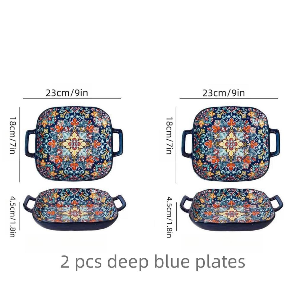 Hand-painted Bohemian Ceramic Baking Dish Square with Handles For Pasta and Desserts Suitable for Oven and Microwave.