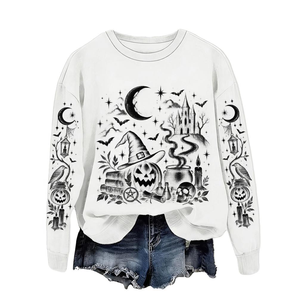 Women's Halloween Print Sweatshirt Loose Fit Casual Pullover Top for Fall and Winter