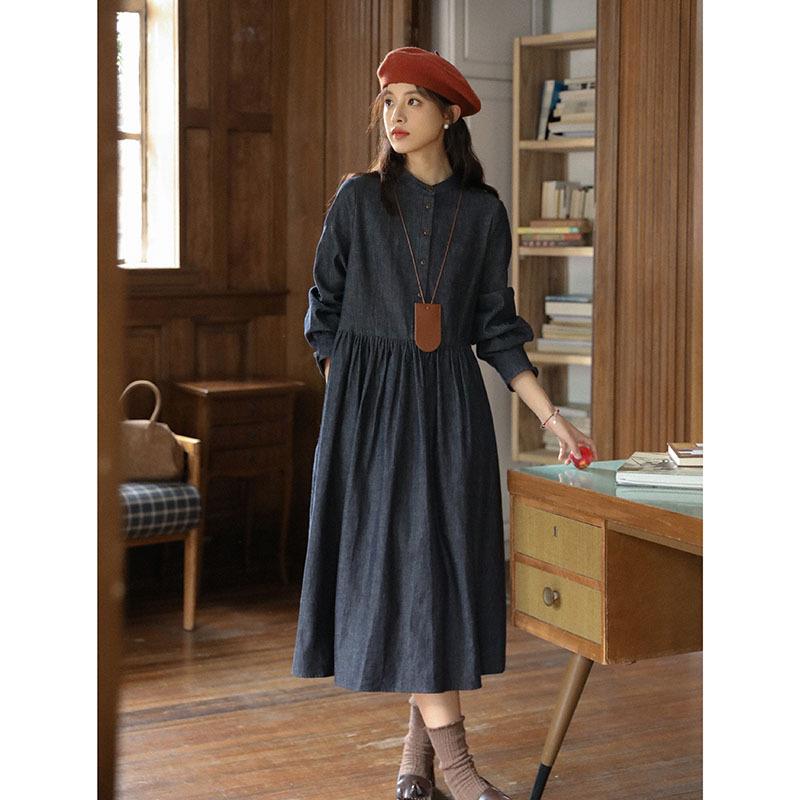 Johnature Japanese Literary Round Neck Dark Blue Tie Crew Neck Long Sleeve Dresses Spring Casual Dress Women