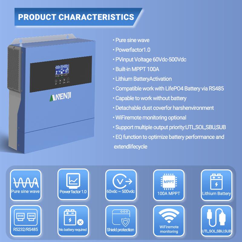 ANENJI 6.2KW 4KW 5KW 11KW Hybrid Solar Inverter 48V 24V Pure Sine Wave 100A 120A 160A  MPPT Solar Inverter With WiFi PV 500VDC