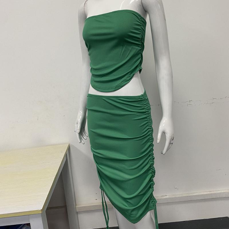 European and American Spring/summer Fashion Sexy Strapless Slim Fit Drawstring Waist Lifting Skirt Set